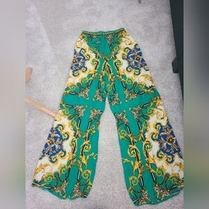 Luxurious Teal Green Wide Leg Pants with Ornate Pattern